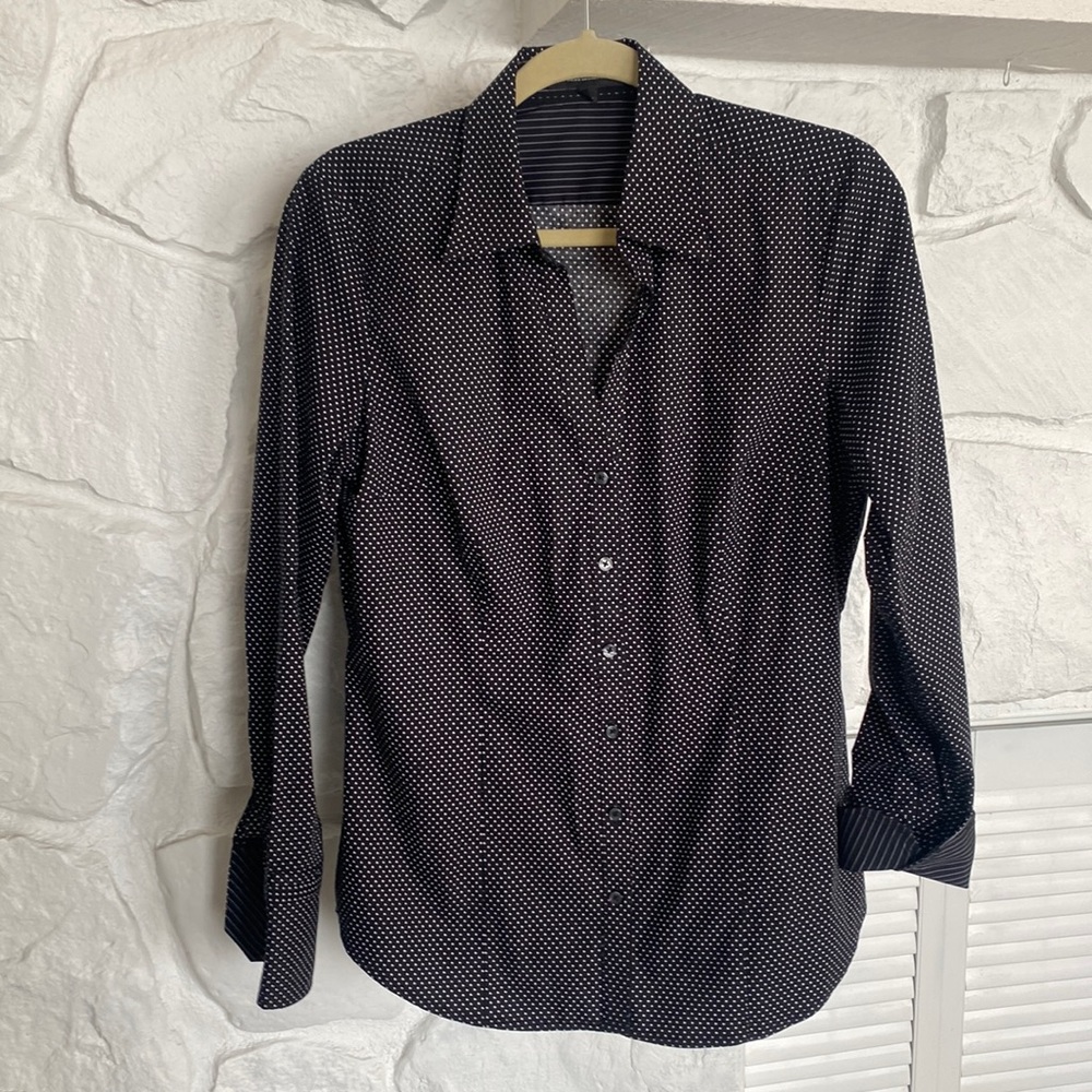 Express Design Studio polka dot long sleeve cuff, collared v neck shirt